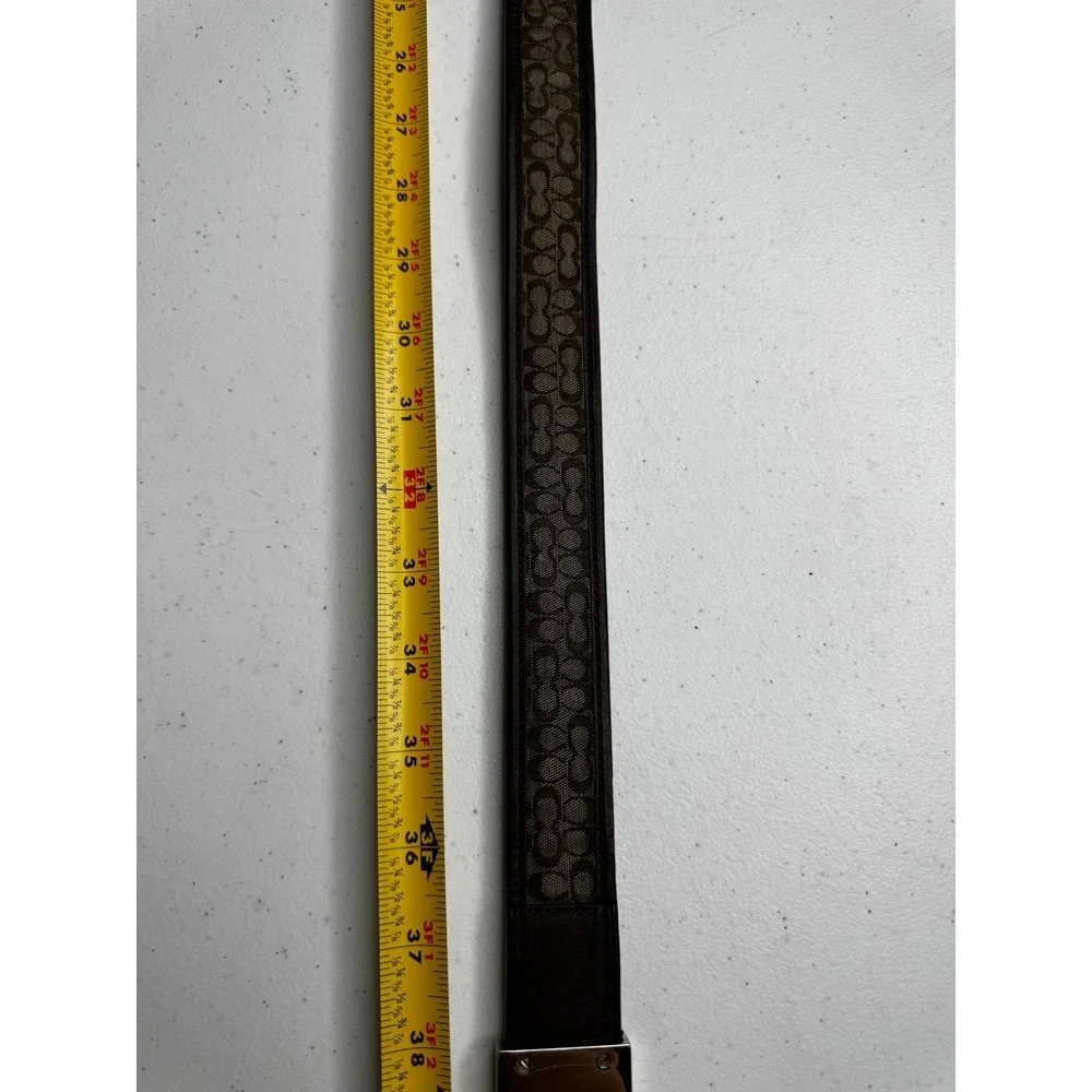 Coach Signature Monogram Canvas Leather Belt Brown Tan Silver Buckle 32-36 Inch
